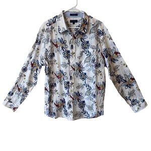 Alan Flusser Mens XL Floral Linen Blend Button Down Shirt Blue White NWT Summer